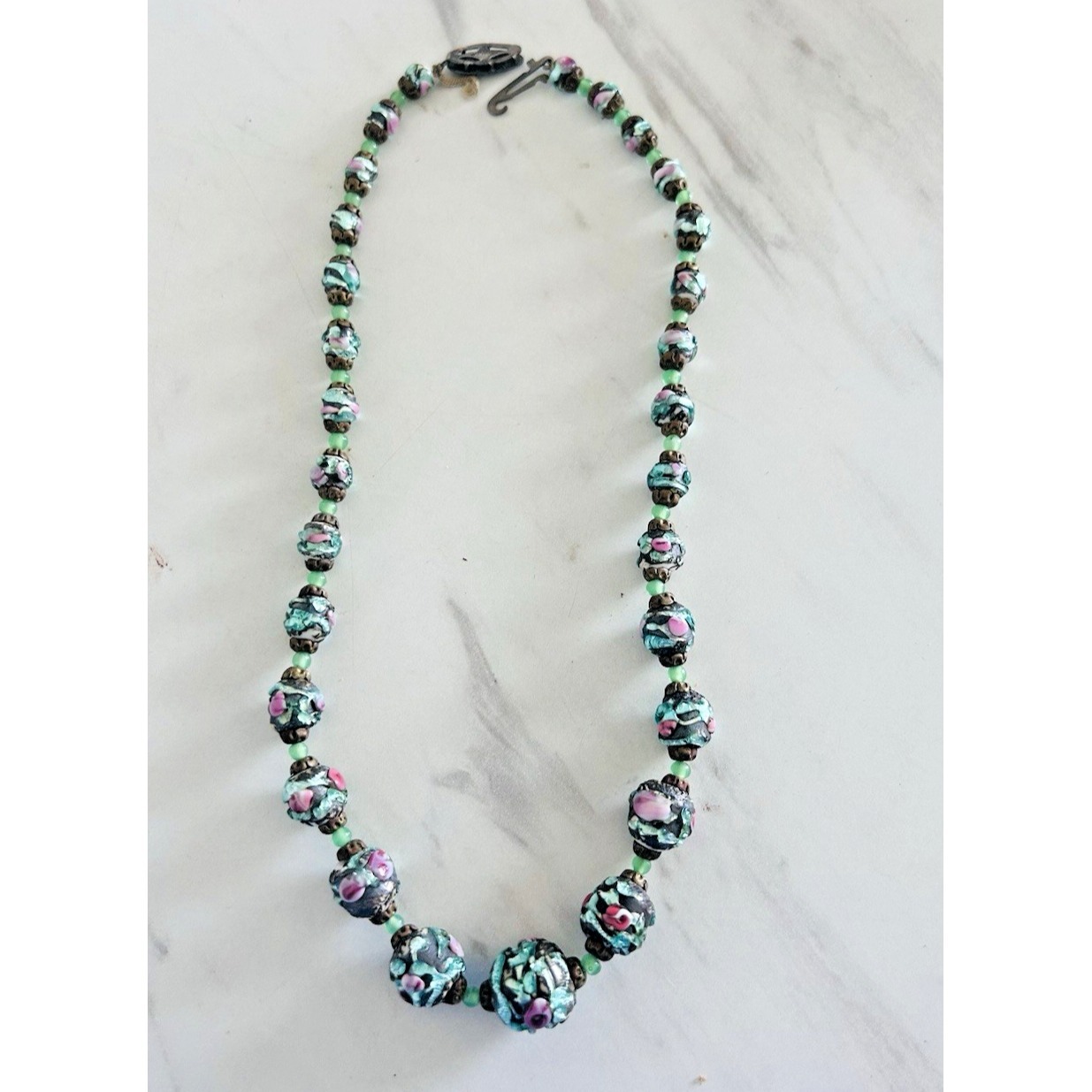 Vintage Wedding Cake Green Beaded Necklace Murano Italy Art Glass Sterling Clasp